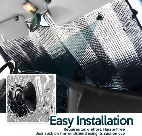 Vista 5 de ZONETECH Parasol plegable plateado para automóvil, protector solar reflectante metálico de acordeón de alta calidad