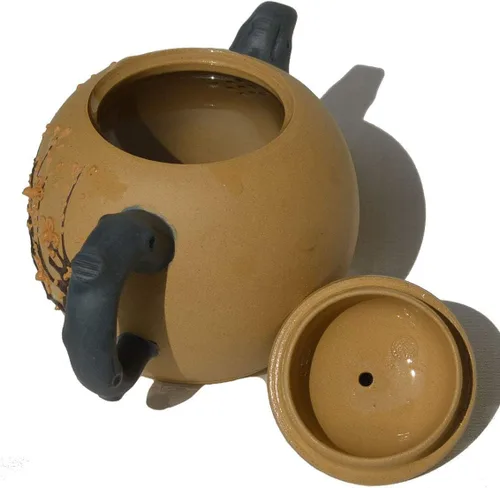 Vista 4 de Tetera de 12 oz Yixing Escultura de Arcilla Amarilla Zisha Ciruela Floreciendo Buena Suerte Noble Hermosa Caja de Regalo