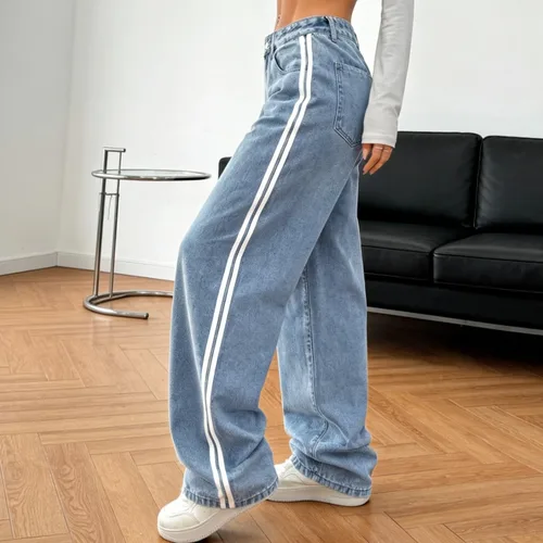 Vista 3 de Pantalones de mezclilla holgados para mujeres y hombres, pantalones de mezclilla de pierna recta, pantalones de mezclilla a rayas de pierna ancha