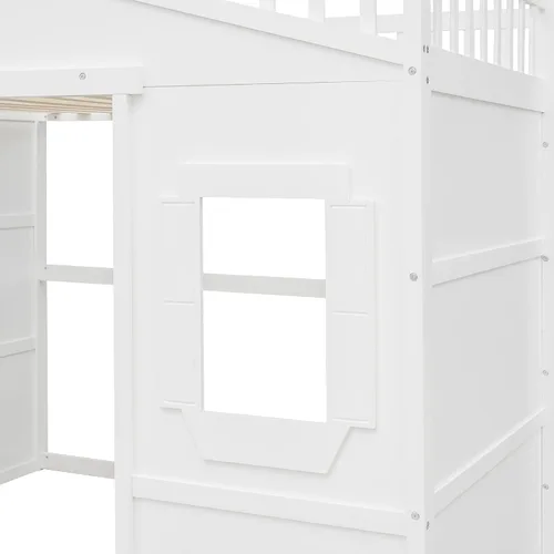 Vista 9 de Cama tipo loft de techo de casa de tamaño matrimonial con escalera, marco de cama de madera que ahorra espacio con barandilla y ventana
