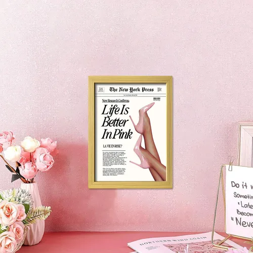 Vista 7 de Arte de pared enmarcado en lienzo con impresión de póster rosa bebé para estética de habitación femenina, arte de pared femenino moderno, obra
