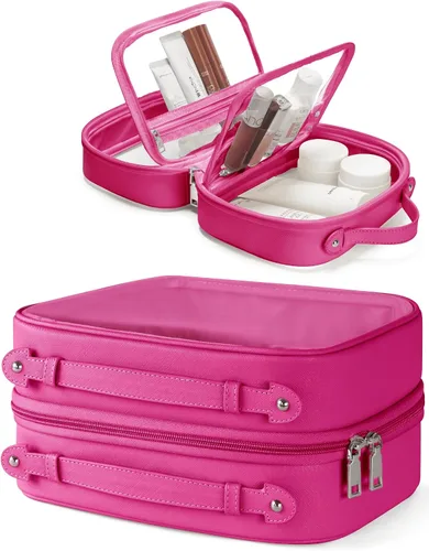 Vista 12 de Bolsa de Cosméticos Transparente de Doble Capa Bolsa de Artículos de Tocador de Viaje Estuche de Maquillaje Transparente con 4 Compartimentos, Bolsa