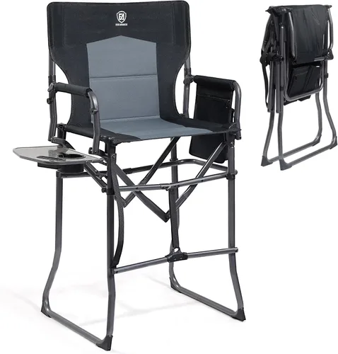 Vista 13 de EVER ADVANCED Silla alta de textileno para campamento, silla de directores de malla, taburete de bar plegable alto con mesa auxiliar