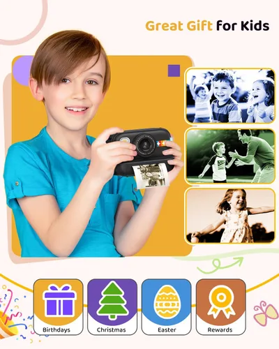 Vista 8 de Cámara de impresión instantánea en color para niños – Cámara para niños con 5 papeles fotográficos de color, video de 48MP y 1080P, 21 marcos
