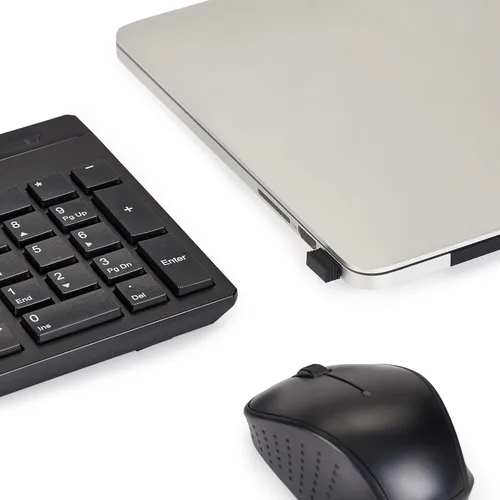 Vista 5 de Amazon Basics - Combo de teclado y mouse inalámbricos, tamaño completo, diseño QWERTY, receptor USB Plug & Play de 2.4 GHz, diseño elegante