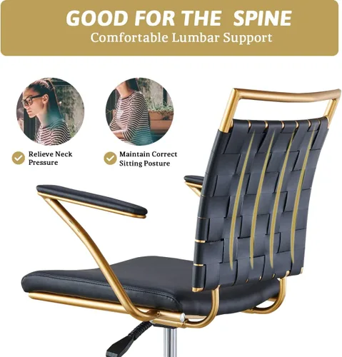 Vista 3 de Silla de oficina moderna de cuero, color dorado y negro, bonita silla de conferencias con respaldo medio con ruedas y brazos, cómoda silla giratoria