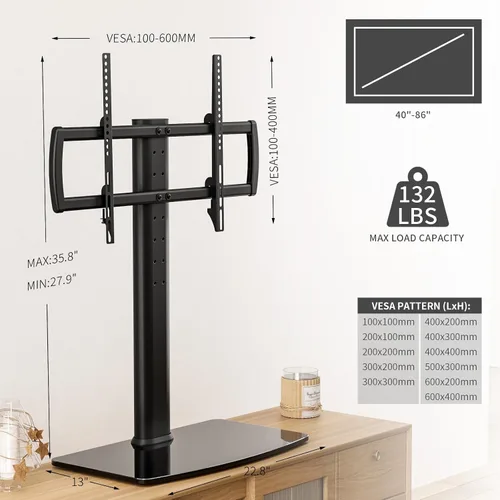 Vista 4 de HT03B-003 - Soporte universal para TV con soporte de pared para 40 a 86 pulgadas, altura ajustable de 5 niveles, base de vidrio templado resistente