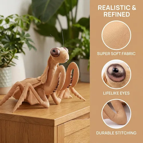 Vista 3 de Peluche grande de Mantis marrón – Animales de peluche realistas de mantis religiosa marrón de 15 pulgadas, juguetes de insectos de alas grandes