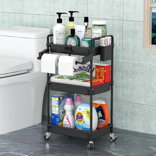 Vista 6 de SPACEKEEPER Carrito de almacenamiento rodante, carrito utilitario de 3 niveles, organización de cuarto de servicio, estantería móvil, organizador