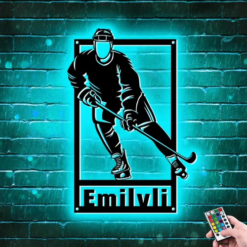 Vista 20 de Letrero de metal personalizado para jugador de hockey con luz LED, nombre personalizado y número, arte de pared de hockey, letrero de neón