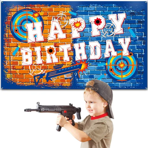 Vista 6 de Tatuo Fondo de pistola de feliz cumpleaños, decoración de fiesta, suministros de dardos, fondo de batalla, agua para decoración temática de fiesta
