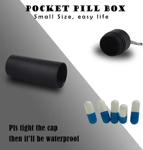 Vista 6 de Pastillero pequeño impermeable llavero pastillero portátil contenedor de píldoras de viaje caja de metal con llavero para acampar al aire libre