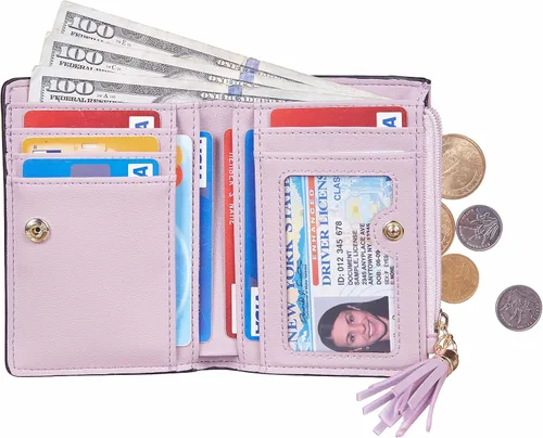 Vista 4 de Gostwo Mini cartera pequeña plegable para mujer con borla y bolsillo con cremallera para monedas, Purple With Key Chain