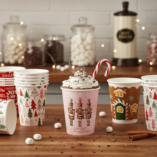 Vista 6 de Gerrii 150 Piezas Vasos de Papel Desechables de Navidad de 9 oz Vasos de Papel de Chocolate Caliente Cacao Vasos para Bebidas de Invierno 5 Diseños