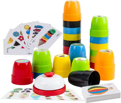 Vista 9 de Quick Cups Games for Kids Intelectual Flying Stack, juego interactivo para padres e hijos con 24 tarjetas de imagen, 30 tazas