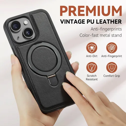 Vista 7 de Funda para iPhone 13 con soporte compatible con Magsafe, color negro Magnetic Kickstand, with Tempered Glass Screen Protector, Durable PU Leather