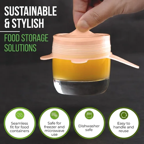 Vista 7 de Tapas elásticas de silicona reutilizables para almacenamiento de alimentos en el refrigerador, fundas elásticas resistentes al calor, tazas, latas