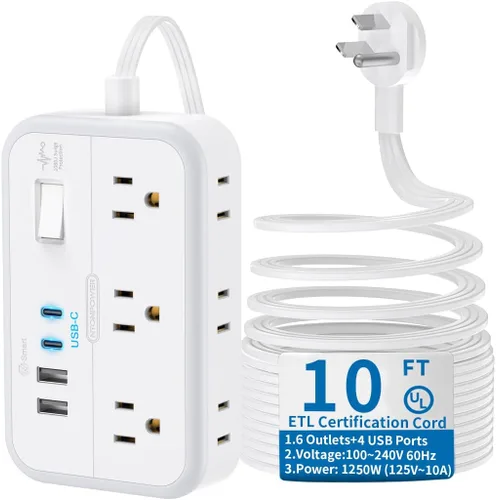 Vista 13 de NTONPOWER - Tira de alimentación con 6 salidas 4 estación de carga USB (2 puerto USB C), cable de extensión de enchufe plano de 5 pies, extensor