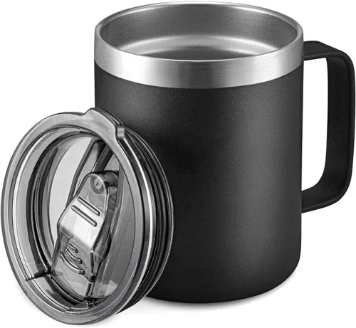 Vista 12 de Taza de café aislada de 12 onzas con asa, taza de café de viaje de acero inoxidable con tapa abatible, vaso de café de doble pared con aislamiento