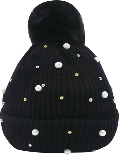Vista 3 de Gorro de invierno holgado para mujer con bola de piel, gorro de perlas con perlas de otoño, gorro cálido y grueso, gorro de esquí con calavera