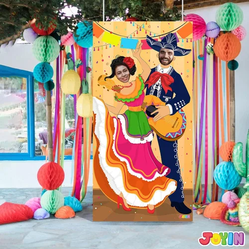 Vista 7 de JOYIN Cartel de puerta de fotos de pareja del Cinco de Mayo para suministros de fiesta, decoración de fondo de fotografía mexicana, fondo de cabina