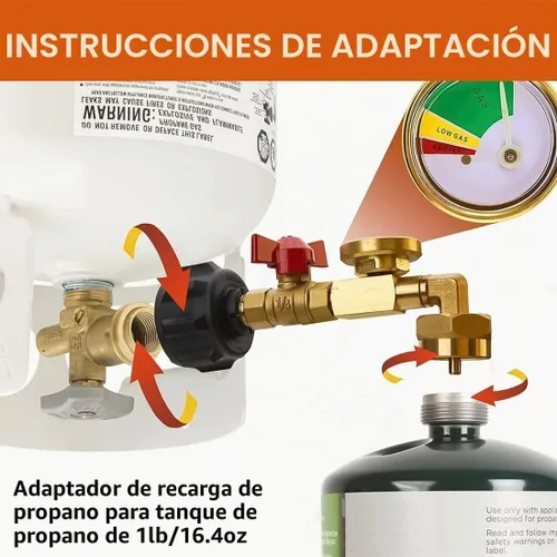 Vista 2 de 2025 Adaptador de Recarga de Propano Mejorado con Válvula y Calibre, Codo de Recarga QCC1 de Latón Sólido para Tanque Pequeño de 1 Libra a Cilindros