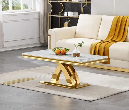 Vista 11 de SSLine Mesa de Centro Rectangular de Mármol Sintético para Sala de Estar, Mesa Central Moderna de Mármol Blanco de Lujo con Base Doble en Forma de U