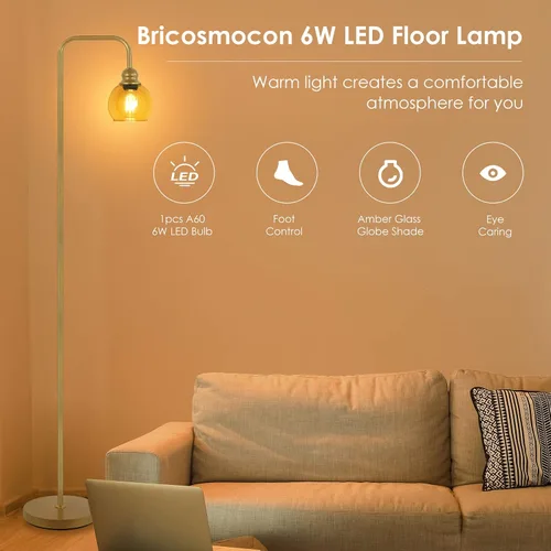 Vista 10 de Lámpara de pie moderna para sala de estar con bombilla LED de 6 W, lámpara de pie industrial, vidrio ámbar, lámpara alta de lectura clásica