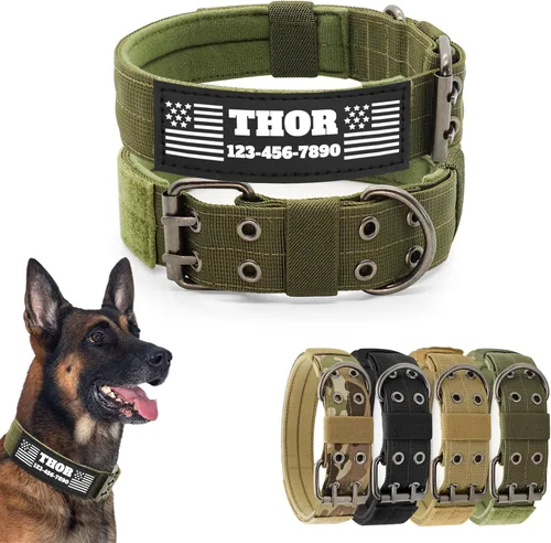 Vista 8 de Collar táctico personalizado para perro con parches de nombre y número de teléfono - Collar resistente personalizado con hebilla de cinturón