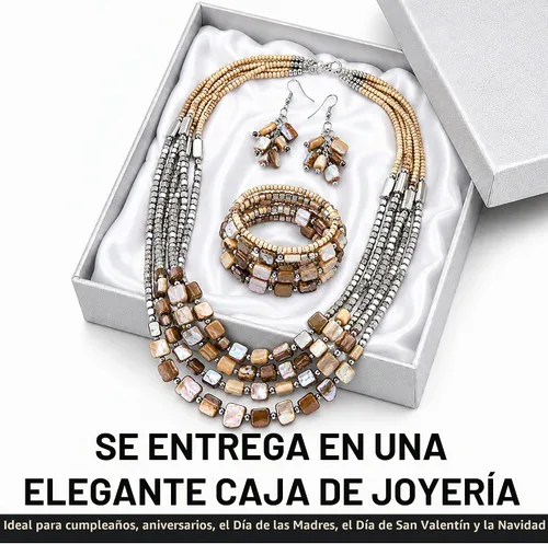 Vista 6 de Beaded Necklace, Earrings and Bracelet Jewelry Set for Women Beige