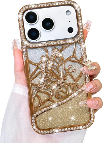 Vista 28 de Bonoma Funda con purpurina para iPhone 13 Pro Max, bonita funda 3D con patrón de chapado en degradado de mariposa de diamante, protección de cámara