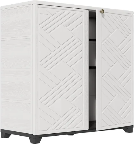 Vista 8 de HOMSPARK Armario de almacenamiento para interiores y exteriores con puertas y 1 estante, caja de almacenamiento de plástico HDPE de 34 x 15 x 34