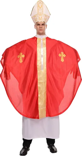 Vista 6 de Maxim Party Supplies Disfraz de Halloween para adultos, disfraz de cardenal católico bíblico para hombres, incluye bata blanca, poncho papal rojo