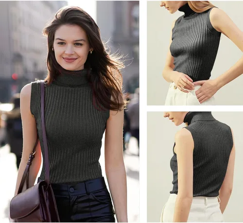 Vista 4 de v28 - Suéter elástico y tejido, con cuello alto y sin mangas para mujer