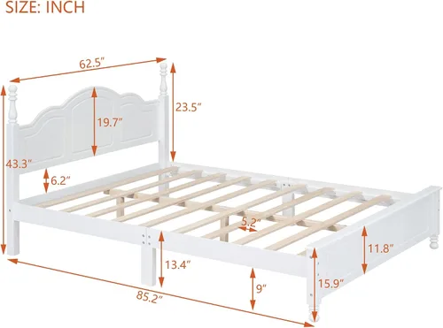 Vista 2 de SOFTSEA Base de cama tamaño Queen con cabecero alto y estribo, cama de plataforma clásica con listones de madera