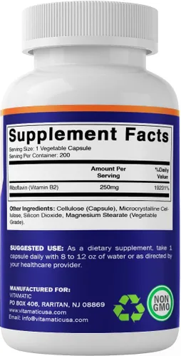 Vista 9 de Vitamatic Vitamina B2 (riboflavina) 250 mg - 200 Cápsulas - Paquete de 2 Supports Energy Metabolism, Nervous Sytem Health, Healthy Skin & Eye