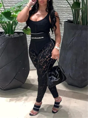 Vista 4 de Leggings ajustados de encaje sexy para mujer con cremallera cintura alta estampado de letras pantalones de malla transparente floral ropa de club