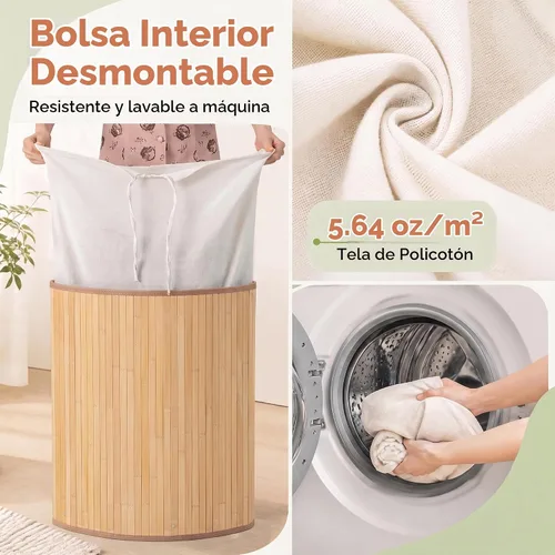 Vista 5 de GOFLAME Cesta esquinera de bambú para la ropa sucia con tapa y forro extraíble, cesta de almacenamiento con asa, adecuada para dormitorio, baño
