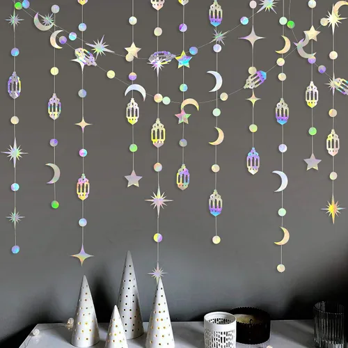 Vista 3 de Decoración iridiscente de Eid Mubarak Ramadán colgante de arco iris, estrella, luna, círculo, punto de media luna, lámpara de guirnalda, banderín