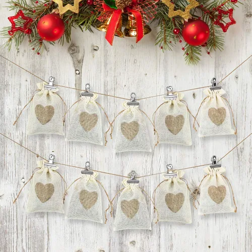 Vista 4 de SumDirect Bolsas de arpillera de corazón con cordón – 36 bolsas pequeñas de lino beige de 4 x 6 pulgadas para regalo de boda, baby shower