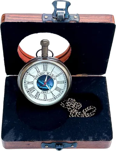 Vista 4 de Generic Hassanhandicrafts Reloj de bolsillo de latón antiguo antiguo con esfera de barco Titanic con caja de madera
