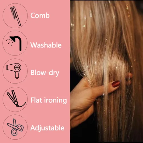 Vista 2 de Ubeleco Kit de oropel para cabello negro de 12 piezas, accesorios de cabello con clip de 52 cm, kit de oropel de pelo de hada para Navidad y Año