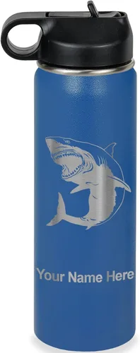 Vista 29 de LaserGram Botella de agua personalizada, gran tiburón blanco, acero inoxidable de doble pared aislada al vacío con popote superior, regalo grabado