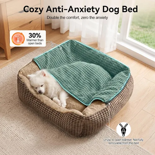 Vista 4 de GASUR Camas para perros pequeños, medianos y grandes con cueva de cubierta, cama rectangular con capucha para cachorros con manta, acogedoras camas