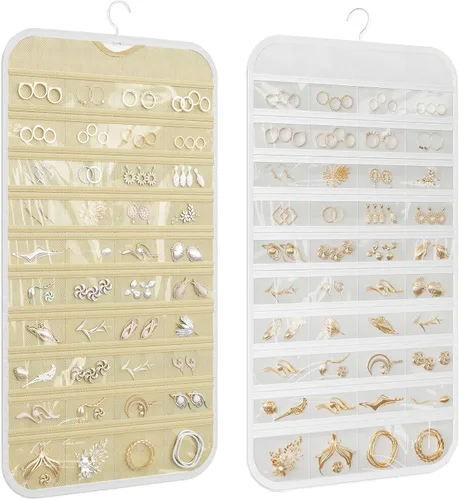 Vista 16 de Organizador colgante de joyas con 80 bolsillos de almacenamiento de doble cara, 1 paquete, color beige