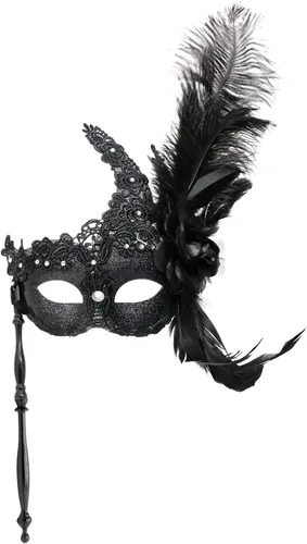 Vista 15 de Thmyo Máscara veneciana de fiesta de Mardi Gras de Halloween con palo de sujeción, máscara de mano con plumas de metal y diamantes de imitación
