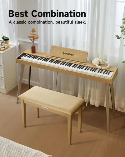 Vista 6 de Donner Banco de piano dúo con almacenamiento, banco de teclado de madera maciza, taburete, silla, asiento con libro de piano, acolchado con esponjas