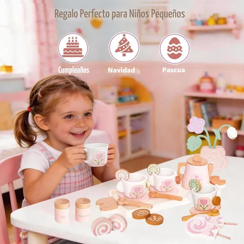 Vista 7 de Juego de té de madera para niñas pequeñas, juguete de juego de té con 27 piezas de accesorios de cocina de simulación, juguete de té de princesa