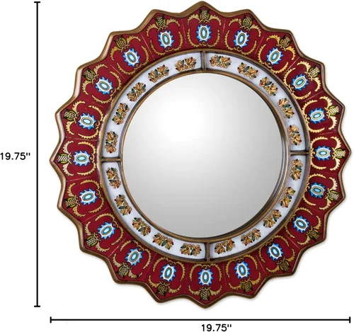 Vista 5 de NOVICA Espejo decorativo de pared con marco de madera de vidrio pintado en reversa rojo de Perú 'Ruby Medallion' (grande)