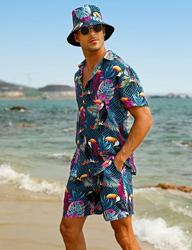 Vista 3 de EISHOPEER Conjunto hawaiano de flores para hombre, camisa de manga corta y pantalones cortos, trajes con sombreros de pescador
